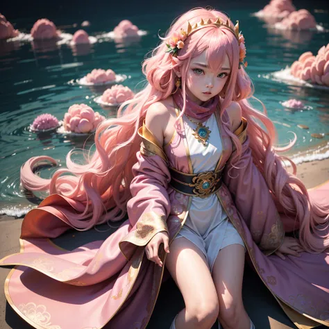 Peach Fuzz系，Peach Fuzz colors，enamel，agates，A flesh-colored world，Blood Blue Maiden 32K（tmasterpiece，k hd，Aoyama Pond，hyper HD，32K）Long flowing bright light pink hair，blood pond，zydink， a color，Grumpy （Post-hanen scarf）， Combat posture， looking at the grou...