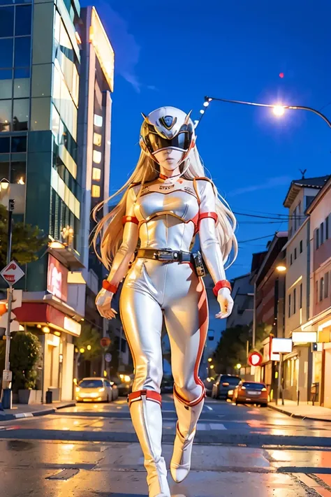 (Masterpiece, 4K resolution, ultra-realistic, highly detailed), (White costume superhero theme, charismatic, girl on top of the city, wearing white Spider-Man costume, superheroine), [((23 years old), (long white hair:1.2), full-body, (blue eyes:1.2), (Spi...