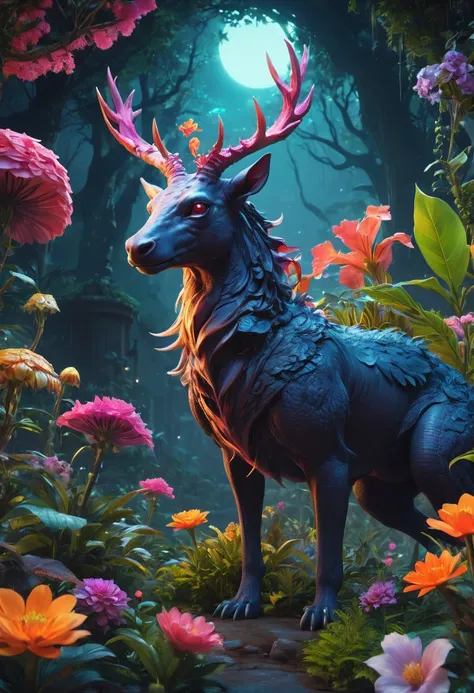 Whimsical midnight landscape with magical creatures, flowers and plants.,  Magic the meeting, Fancy, d&d, matte paint, conceptual art, dynamic lighting, cinematographic, epic composition, realist, 8K resolution, Very detailed, art by rank murata, Very deta...