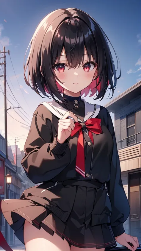 (masterpiece, highest quality, highest quality, (No text), Beautiful and aesthetic:1.2),No text,アニメ、BREAK,One Girl，Black Hair Girl　short hair　older sister　choker　Tree Eyes　Beautiful eyes　Red eyes　cool　smile　Red and Black　Black jacket　mini skirt　whole body　...