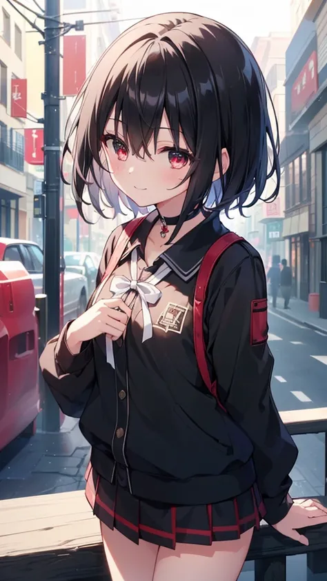 (masterpiece, highest quality, highest quality, (No text), Beautiful and aesthetic:1.2),No text,アニメ、BREAK,One Girl，Black Hair Girl　short hair　older sister　choker　Tree Eyes　Beautiful eyes　Red eyes　cool　smile　Red and Black　Black jacket　mini skirt　whole body　...