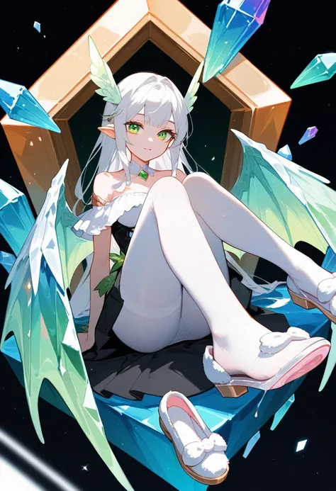 (Fraction_9,Fraction_8_Direction_7_up),1 Girl,Dragon Lady，White hair,Green Eyes,White Wings,Black skirt,beautiful_Face,White tights，foot部聚焦，Crystal Slippers，White liquid in the shoe，foot，Single shoes