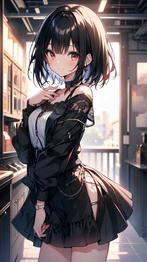 (masterpiece, highest quality, highest quality, (No text), Beautiful and aesthetic:1.2),No text,アニメ、BREAK,One Girl，Black Hair Girl　short hair　older sister　choker　Tree Eyes　Beautiful eyes　Red eyes　cool　smile　Red and Black　Black jacket　mini skirt　whole body　...