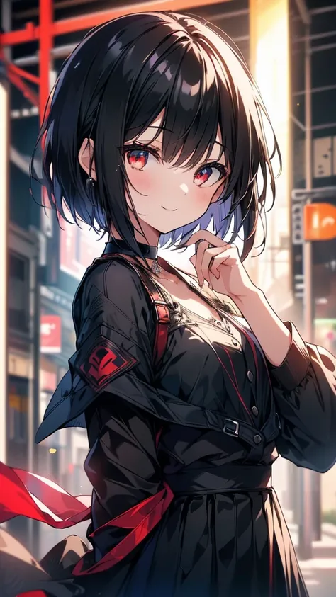 (masterpiece, highest quality, highest quality, (No text), Beautiful and aesthetic:1.2),No text,アニメ、BREAK,One Girl，Black Hair Girl　short hair　older sister　choker　Tree Eyes　Beautiful eyes　Red eyes　cool　smile　Red and Black　Black jacket　mini skirt　whole body　...