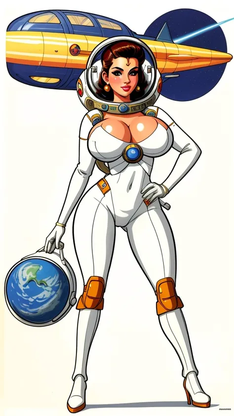 pretty woman,Sunny Leone, large breasts, rubenesque, space suit, white background, blank background, Retrofuturism, pinup. dieselpunk