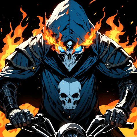 fot. standing alone, blue colored eyes, 1st grade, upperbody, male focus, skull, hooded cloak, W MASK, Ablaze, fire, black backdrop, gauntlets, layer, 1giel, hooded cloak para cima,motorcycle