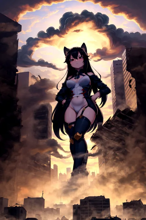 masterpiece、Highest quality、simple、beautiful、Anime illustration、Giantess、Hall々Stand with、Hands on hips、giantess、Black Hair、Long Hair、Low - Angle、Destroyed small town、Destroyed Tokyo、City in Ruins、Smoke is rising、The fugitive々、A devastating landscape、Specta...