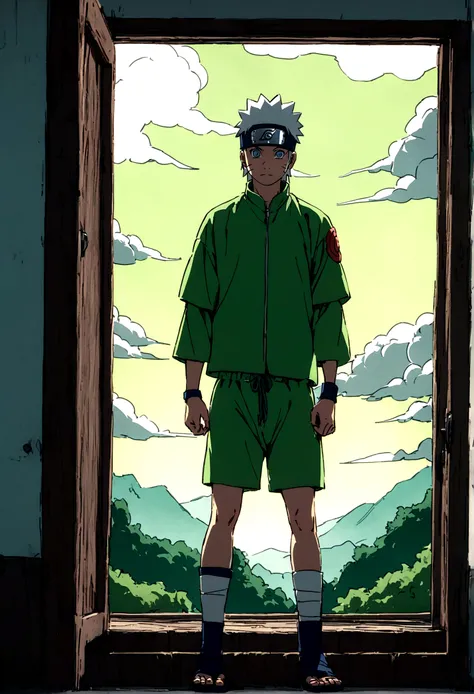 Create an image of Naruto, who is standing outside. He is wearing only tight green boxer shorts,