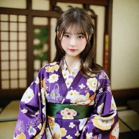 Inside the apartment、Japanese kimono with floral embroidery on deep purple fabric、Light brown hair、{Medium-long hair}、1 girl, Realistic Young Gravure Idol, Young Sensual Gravure Idol, Young and cute gravure idol, Japanese Model, Nara Yoshitomo, Young Gravu...