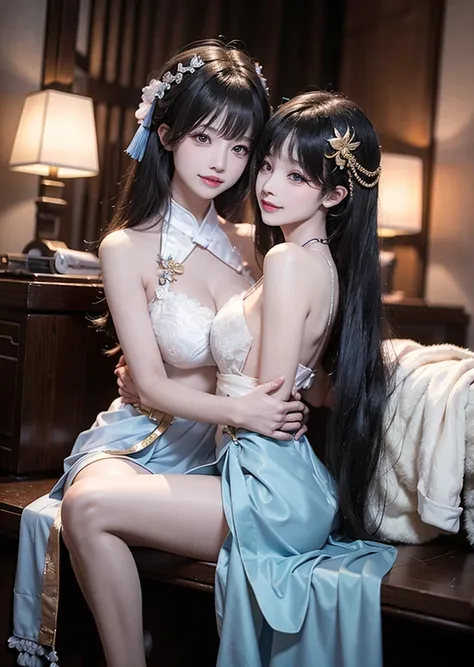 High resolution， （8K， RAW Photos， 最high quality， masterpiece：1.2）， （Realistically， Photorealistic：1.8）， Super detailed， （Highly detailed skin：1.2）， Large Breasts、valley、Perfect soft lighting， high quality， Film Grain， ２People Girls， They are hugging each o...