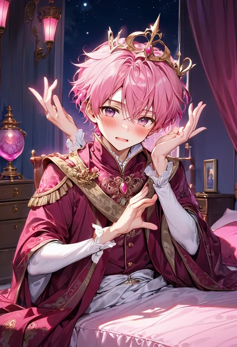 Young and naive man,(Highest quality,Extremely detailed depiction,Incredibly absurd high resolution,Anatomically accurate depiction,Two lovely hands, Five perfect fingers),(Prince in noble clothes),blush embarrassed,whole body,background:Bedroom at night,P...