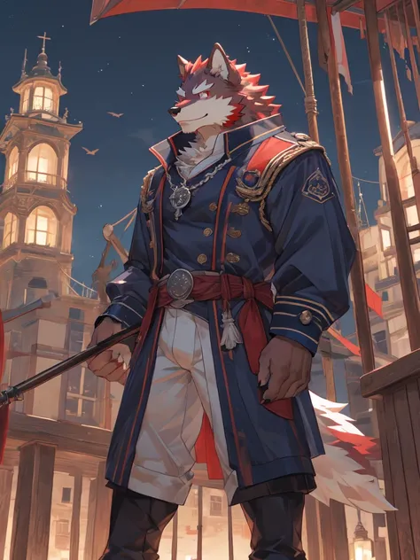 Best quality, diederich olsen (/knights college/), wolf, kemono, nj5furry, Red Fur, Red eyes, Medium Muscular Body, Solo, A sailor, on the mast, Looking into the distance, smile, Fierce eyes, full body,