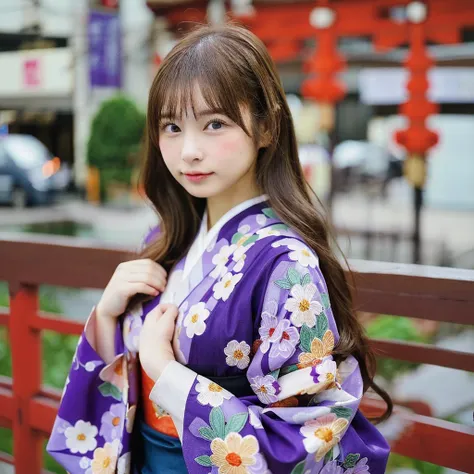 Cityscape、Japanese kimono with floral embroidery on deep purple fabric、Light brown hair、{Medium-long hair}、1 girl, Realistic Young Gravure Idol, Young Sensual Gravure Idol, Young and cute gravure idol, Japanese Model, Nara Yoshitomo, Young Gravure Idol, Re...