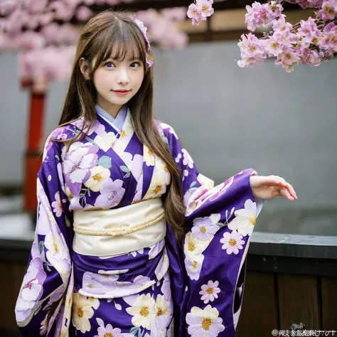 Cityscape、Japanese kimono with floral embroidery on deep purple fabric、Light brown hair、{Medium-long hair}、1 girl, Realistic Young Gravure Idol, Young Sensual Gravure Idol, Young and cute gravure idol, Japanese Model, Nara Yoshitomo, Young Gravure Idol, Re...