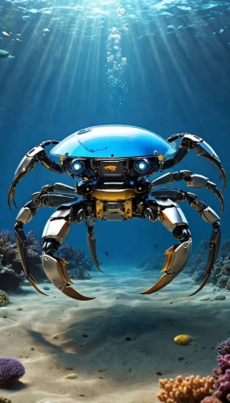 Being at the bottom of the ocean.AI Crabbot: A crab with a large claw as big as its body, while still maintaining a realistic appearance.、Partially transparent design allows you to see the internal mechanism。
A depiction of nanotechnology embedded within a...