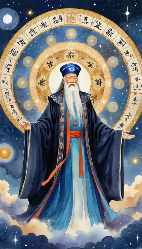 oriental fortune teller，the old immortal on the top of the stars wears a tall hat，elders，white beard and long white eyebrows，bla...