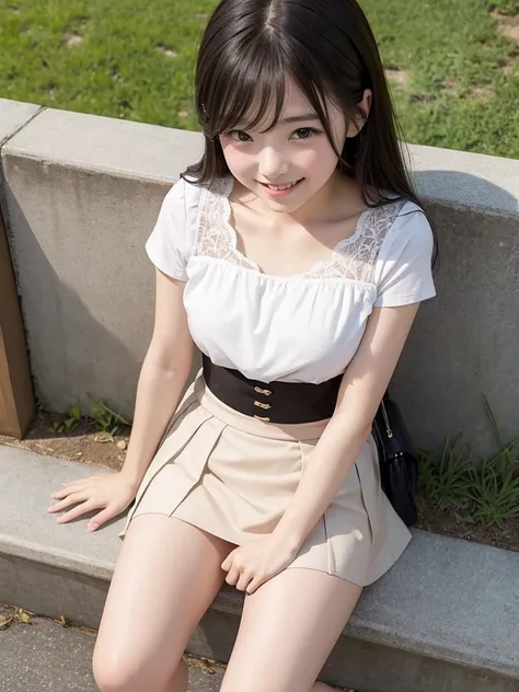 Very cute girl、beautiful girl、Sitting、Spread your legini skirt、Cute Panties、smile,from below