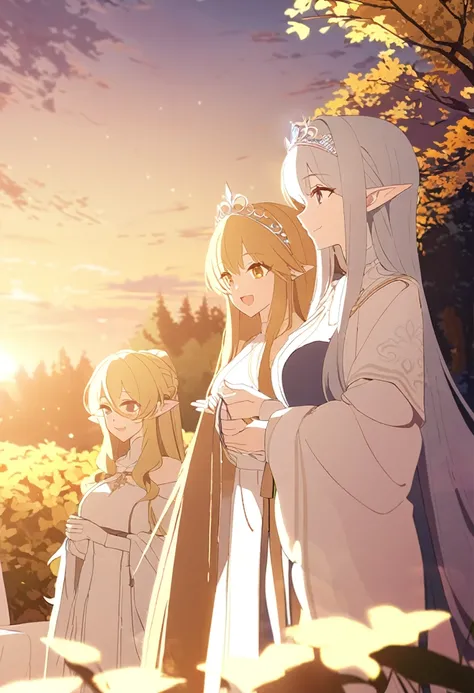 3 elf girls, white long robes, long straight hair, tiaras, smiles, Evening, golden forest