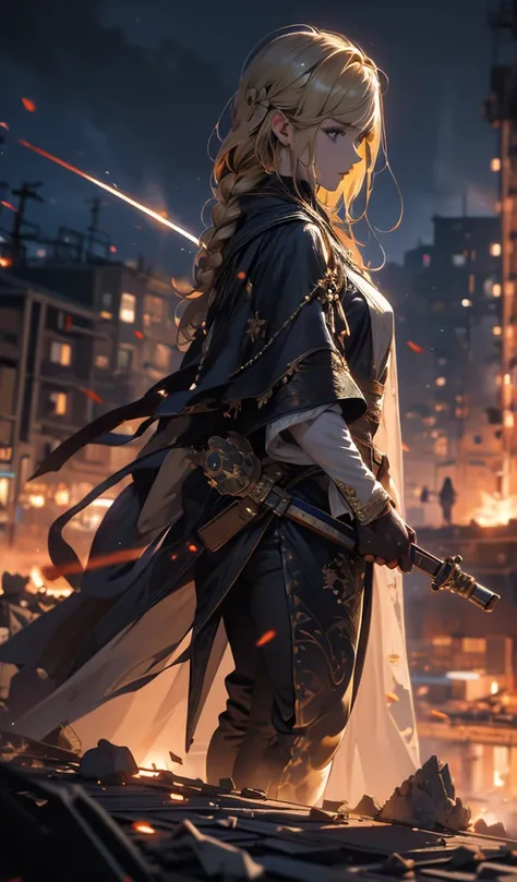 masterpiece, high quality, 4K, Beautiful design, silhouette，blonde， Highly detailed night starry sky,battlefield， wonderful, Finer details,  Very knowledgeable woman, Highly detailed solo, 1 female,Big and aggressive，Wizard，Burning City，Crumbling Building，