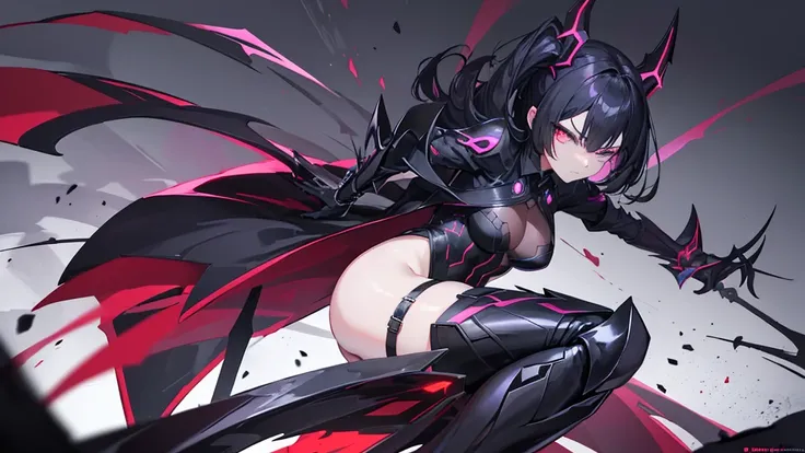 An anime girl with a deadly, queen-like presence, embodying the essence of a black widow. She has a powerful and graceful appearance, with cold, mesmerizing eyes and an aura of danger. Her outfit is sleek and dark, accentuating her femme fatale grace. She ...