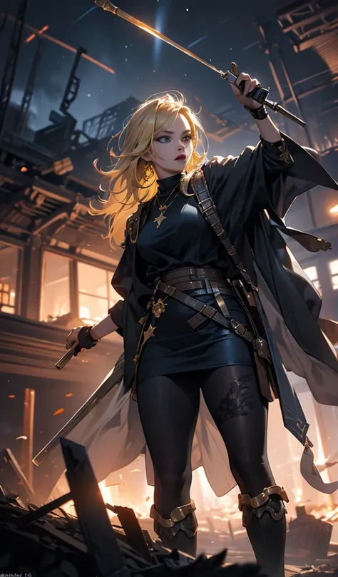 masterpiece, high quality, 4K, Beautiful design, silhouette，blonde， Highly detailed night starry sky,battlefield， wonderful, Finer details,  Very knowledgeable woman, Highly detailed solo, 1 female,Big and aggressive，Wizard，Burning City，Crumbling Building，