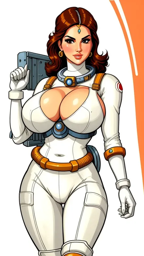 pretty woman,Sunny Leone, large breasts, rubenesque, space suit, white background, blank background, Retrofuturism, dieselpunk