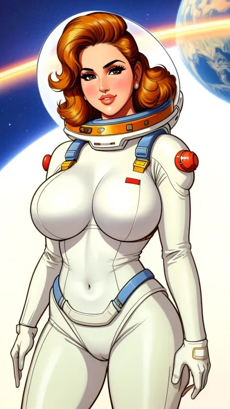 pretty woman,Sunny Leone, large breasts, rubenesque, space suit, white background, blank background, Retrofuturism, pinup