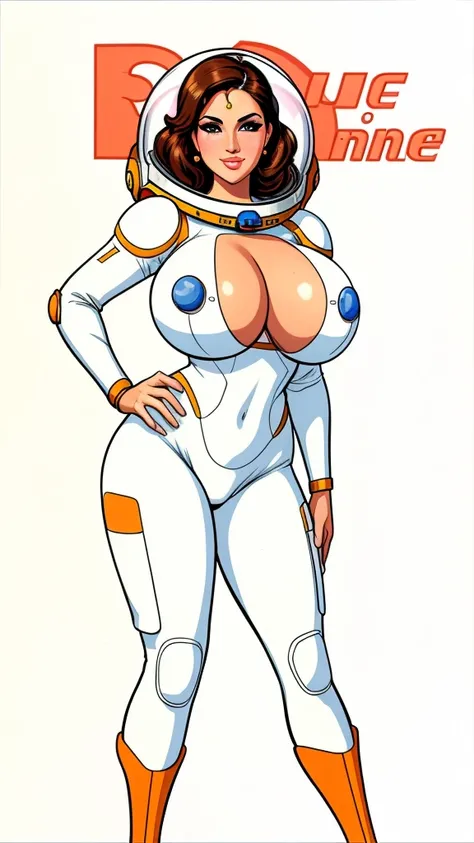 pretty woman,Sunny Leone, large breasts, rubenesque, space suit, white background, blank background, Retrofuturism, pinup