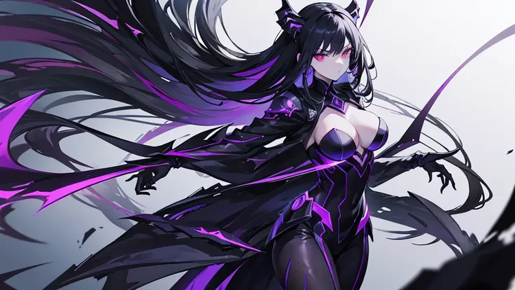 An anime girl with a deadly, queen-like presence, embodying the essence of a black widow. She has a powerful and graceful appearance, with cold, mesmerizing eyes and an aura of danger. Her outfit is sleek and dark, accentuating her femme fatale grace. She ...