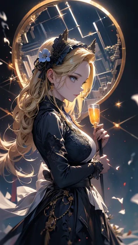 masterpiece, high quality, 4K, Beautiful design, silhouette，blonde， 非常に詳細な夜のStarry Sky,Flower Field， wonderful, Finer details,  Very knowledgeable woman, Highly detailed solo, 1 female,Big Breasts，Gothic Lolita Fashion，Night view，Starry Sky，full moon，