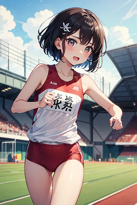 Highest quality、whole body、Black Hair、Iris、short hair、girl、cute、16 years old、、Small hair ornament、1 person、Track and field costume、running、Athletics Stadium、nervous、Serious