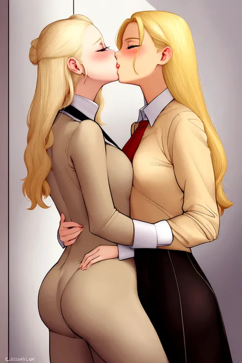 two women in lingersuits kissing each other in a room, lesbian kiss, lesbian embrace, lesbian art, lesbian, two beautiful women in love, one blonde and one brunette, kissing together cutely, lovely kiss, portrait of two girls kissing, captivating and entic...