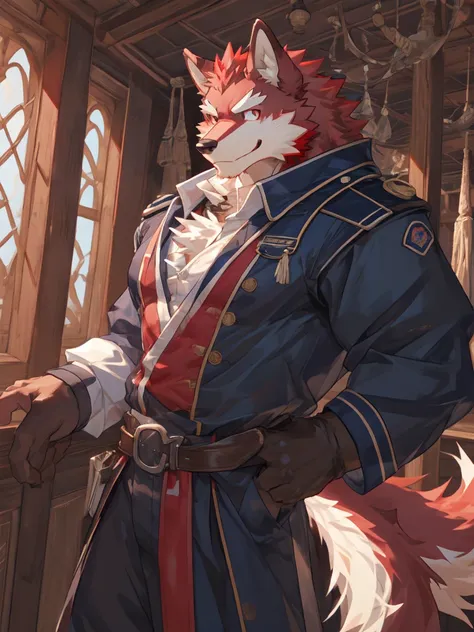 Best quality, diederich olsen (/knights college/), wolf, kemono, nj5furry, Red Fur, Red eyes, Medium Muscular Body, Solo, A sailor, on the ship, excited Looking into the distance, smile, Fierce eyes, full body,