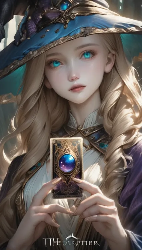 White shirt、Realistic textured skin、Ash Blonde、1 strand of hair、Side Tail、Turquoise Eyes、16 years old、tarot card divination:1.37、Close-up of a woman in dress and hat holding tarot cards:1.37, Beautiful Celestial Magician, portrait of a Female Wizard, Femal...