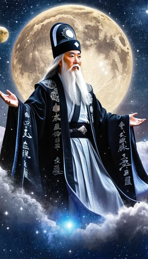 oriental fortune teller，the old immortal on the top of the stars，elders，white beard and long white eyebrows，（wear an official ha...