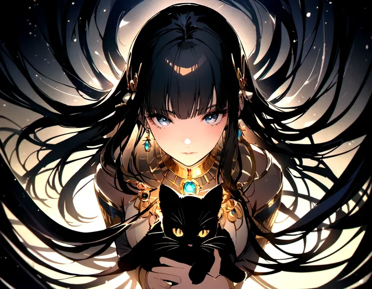 cleopatra portrait, holding black cat, face illuminated from above, 4K, light background, jewelly, short black hair