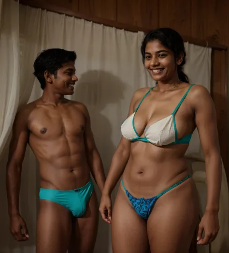 Kerala teenage  bon and his mom. both  wear thong bikini . in room.  , laughing face.   Real life photo