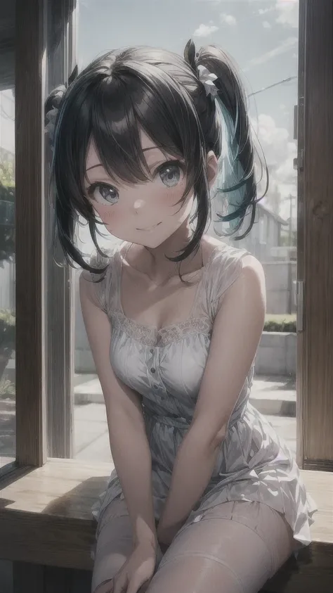 A sky filled with blue nature in the background, reminiscent of Makoto Shinkai。
Hatsune Miku is smiling and sitting in the distance。

She is wearing a white dress with a long skirt。
A girl who looks like a Minato Ward girl。