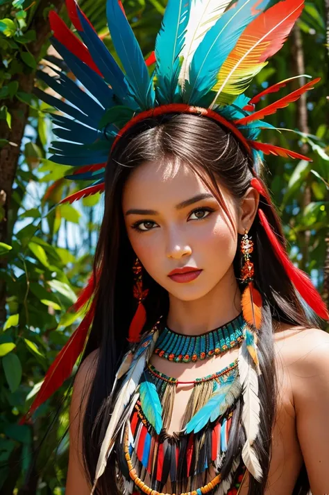 sfw. ((raw photo, best quality)), (realistic, photo-realistic:1.2). a beautiful indigenous girl in native dress with feathers an...