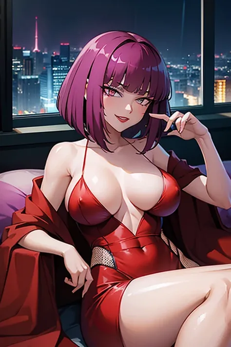 a woman lying limp on a bed in a loose, long red dress with a deep plunge neckline, revealing her cleavage, (her legs spread), with a purple bob cut hairstyle with blunt bangs, wearing eye makeup and lipstick, with a grin on her detailed, beautiful face, a...