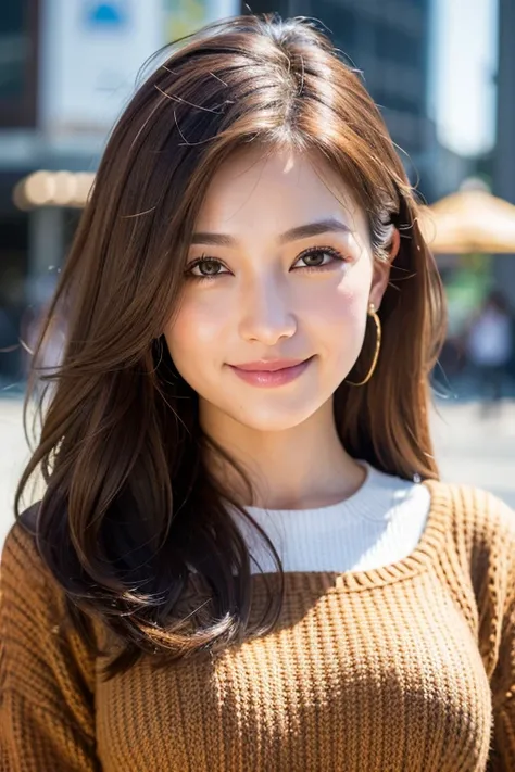 Highest quality, Soft Light, Ultra-high resolution, (Realistic:1.4), RAW Photos, one person, cute, smile, (Brown eye, Light in your eyes), Beautiful face in every detail,,(High resolution detail of human skin texture), (brown、Long Hair), sexly、Front of fac...