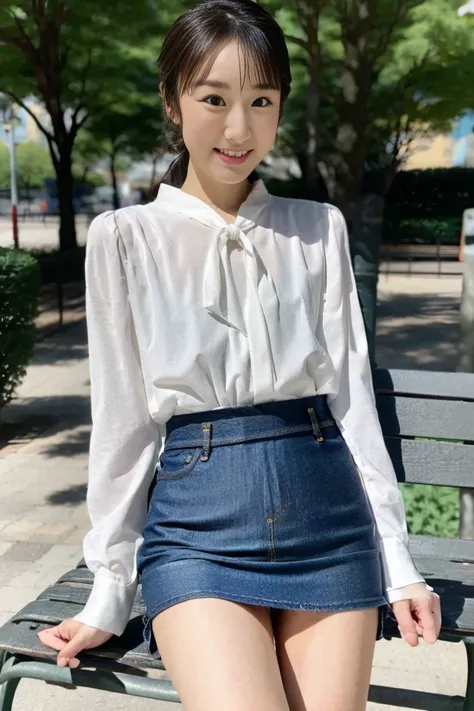 female college student、thin legs、ponytail、ribbon、skinny、slim、((denim mini skirt))sitting on a park bench、knees forward、(white la...