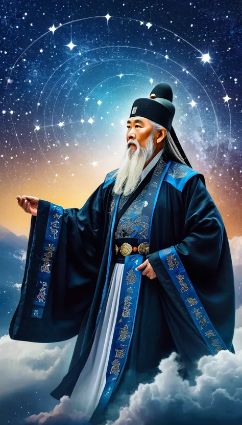 china，china，oriental fortune teller，the old immortal on the top of the stars，elders，white beard and long white eyebrows，（wear an...