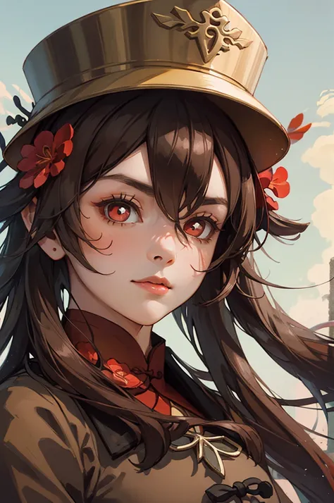 1 girl solo, brown jacket, long brown hair, red eyes, brown hat with red flowers, in a small medieval chinese town, old chinese ...