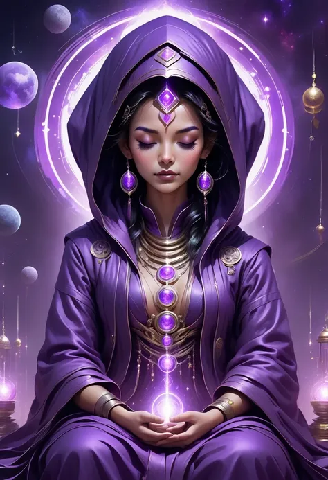 correct anatomy: 1.5, a beautiful and sexual astrologer in a dark purple hooded robe, meditate with your eyes closed, in the dim...