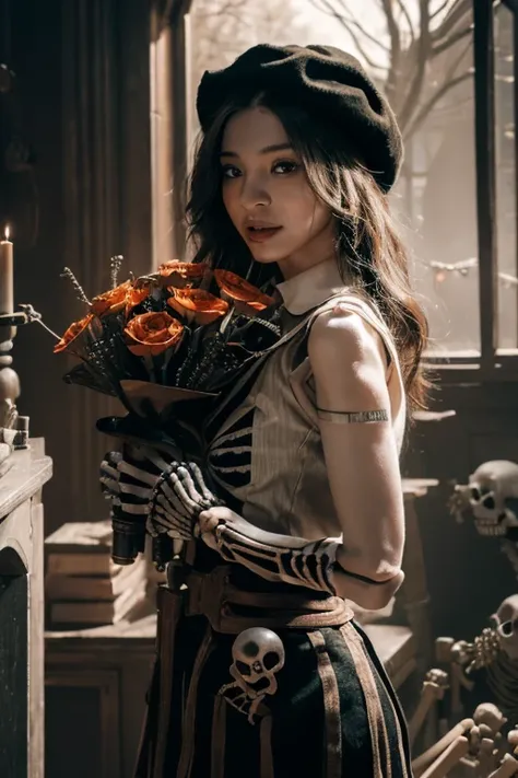 Young beautiful girl, Emma Myers, American, SOFT SMILING FACE, HAVE A BROWN HAIR, wears a old work cap, wears old-fashioned clothes, 19th century, poverty-stricken clothes, old torn clothes, 19th century period clothing, holding a bouquet, standing before ...