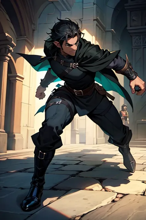 Male half-elf rogue, Kael has shaggy black hair, piercing green eyes and an intimidating presence. He wears dark clothes and a cape that helps him blend into the shadows..
Personalidade: Determined and relentless in the pursuit of justice. He is serious an...