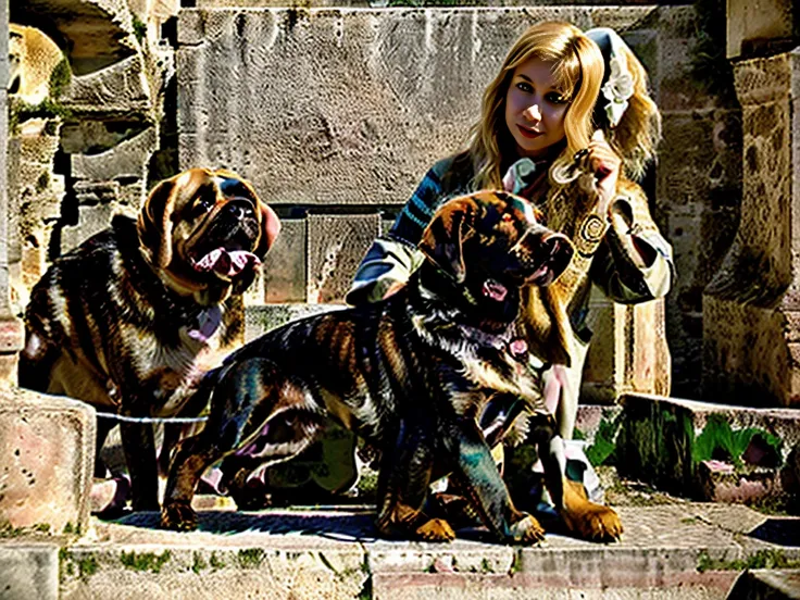 (vika woman and drahthaar dog:1.5), ((supermodel blonde woman in sassi_di_matera:1.3)). town of matera in background landscape.