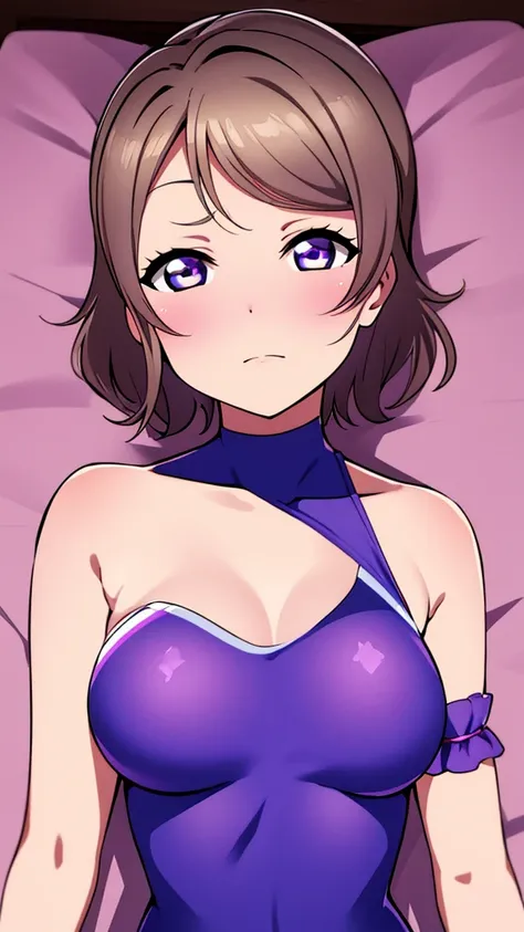 No sleeve、Shoulder、Love Live Watanabe You、Sequined Swimsuit Leotard、Dark bedroom at night、Cool look、Evil Female Executives、Upper body emphasis、Hands on chest、Lie down in bed