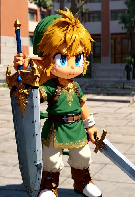 link from zelda tears of the kingdom holding his sword and shield, standing in a chinese college campus